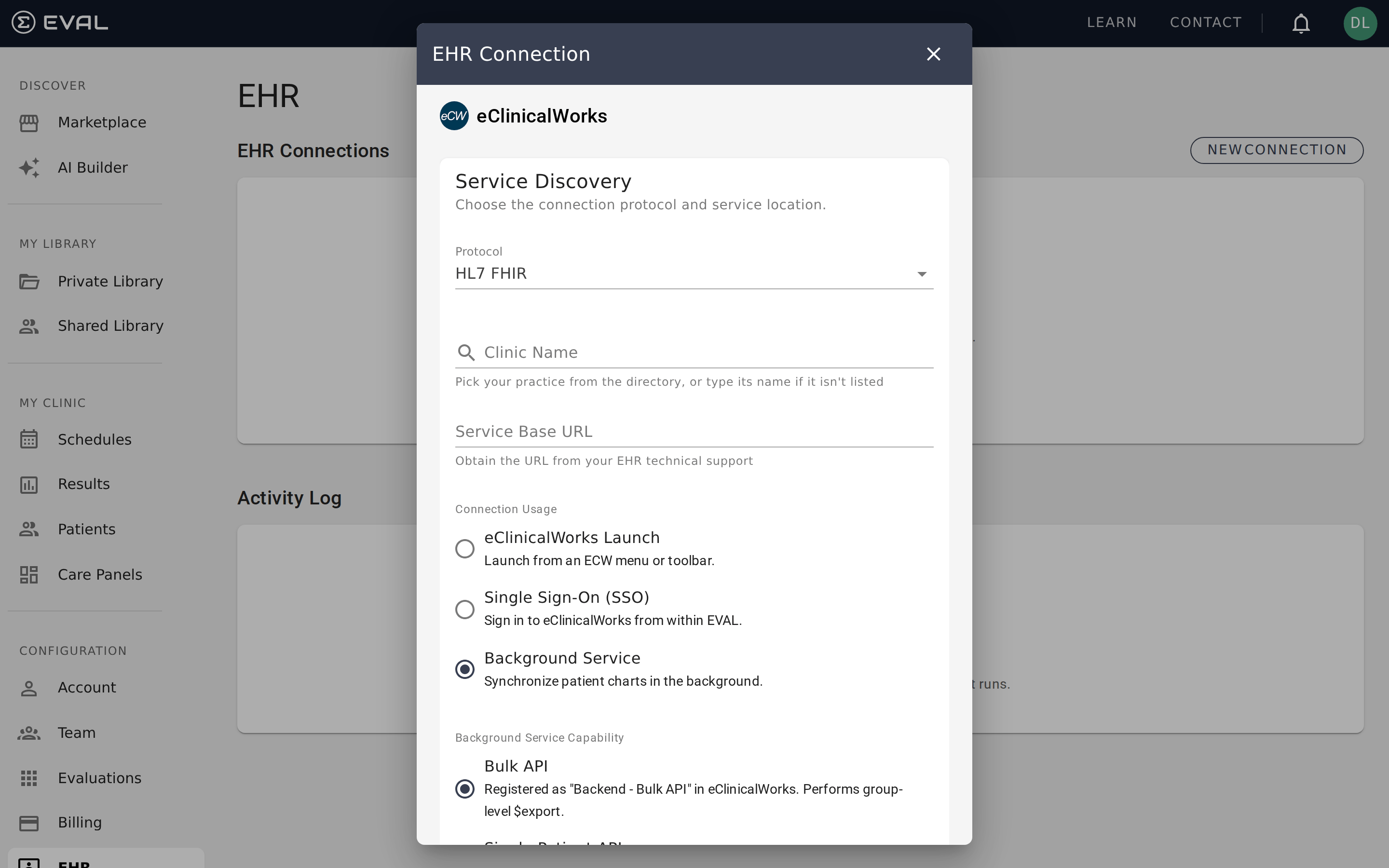 eClinicalWorks discovery form with Background Service and Bulk API capability selected