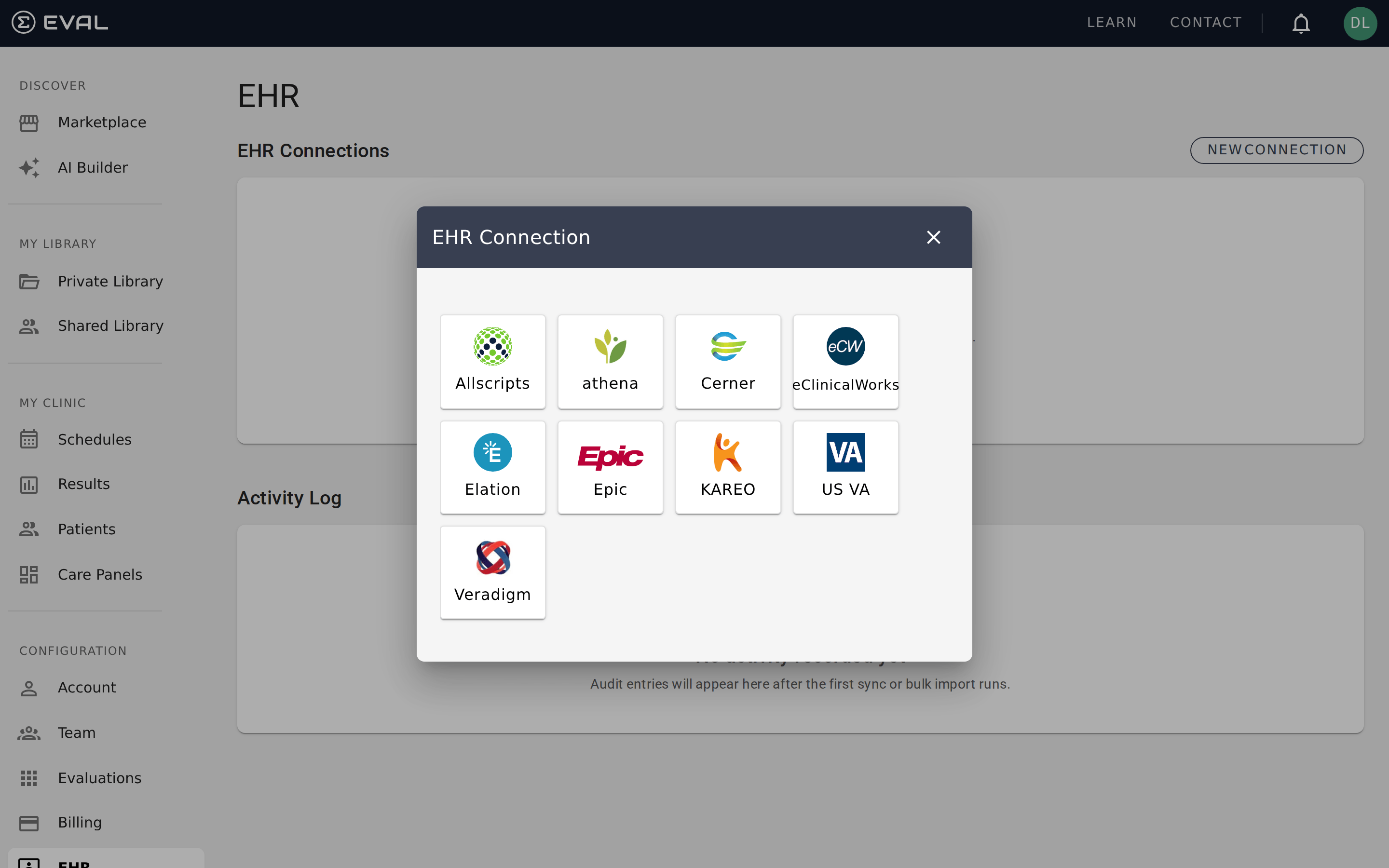 New Connection dialog showing the supported EHR vendor grid: Allscripts, athena, Cerner, eClinicalWorks, Elation, Epic, KAREO, US VA, and Veradigm